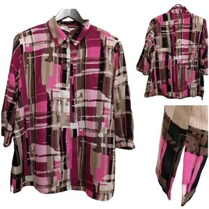 Alia Pink, Brown & White Abstract Button-Front Size 18Top